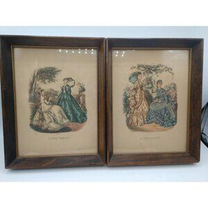 Pair Of Vintage La Mode Illustrée Fashion Prints In Wooden Frames